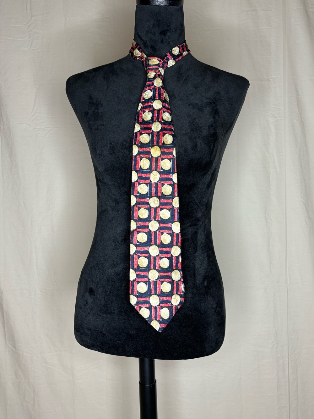 Vintage Villa Bugatti Italian Silk Tie Geometric Medallion Gold Red Navy